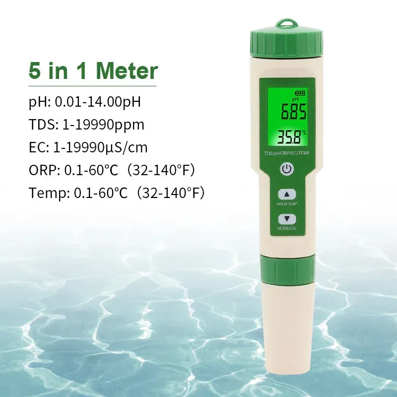 Medidor Digital de calidad del agua medidor de temperatura 5 en 1 de pH TDS EC.